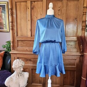 BTFBM Retro Blue Satin High Neck Dress With Ruffled Skirt